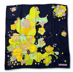 CHRISTIAN DIOR Vintage 1970 Yellow Flowers Navy Background Green Pink Silk Scarf
